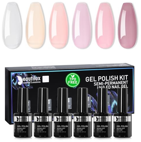 Beautilux Rubber Base Gel TPO-Frei, Nude Rose Weiß Soak Off 3 in 1 HEMA-FREE Rubber Base Coat 6 Nude Farben 10 ml Base Gel Nagellack Sets für DIY Nail Art Maniküre
