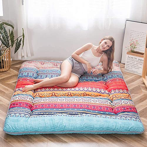 MAXYOYO Böhmische Retro Futon Matratze - Vintage Blumenmuster japanische Bodenmatratze - rollbar verdicken Gästebett, Schlafbett, tragbare Campingbett, Tatami Matte (Bohemian A, 90x190cm)