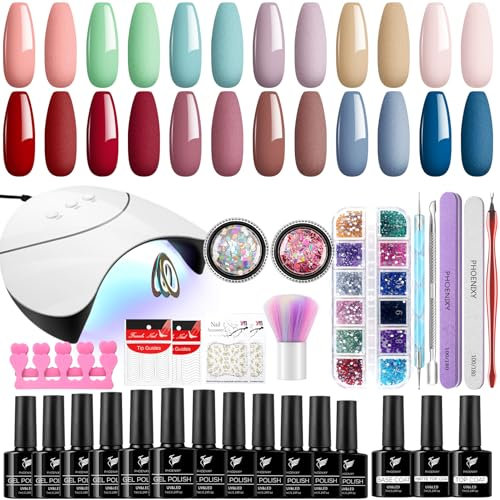 PHOENIXY Gel Nail Polish Kit with UV LED Nail Lamp - 12 Pcs Gel Polishes Set, All Seasons, Glossy Matte & Top Coat, Base Coat, Starter Kit Gift for Women