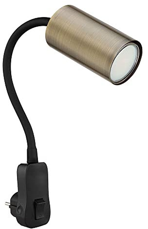 Steckerleuchte GU10 Steckdosenlampe mit Schalter Küche Steckdosenleuchte schwarz mit schwenkbarem Spot, altmessing, Schwanenhals, GU10 Fassung, LxBxH 32x5,5x43cm
