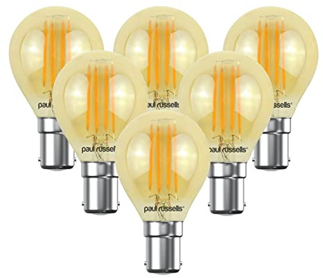 paul russells LED Filament Golf Ball Light Small Bayonet Cap B15D, 35W Equivalent G45 Bulbs, 4W 380LM LED SBC 2200K Amber Lamps, Home Ceiling Chandelier Energy Saving Lightbulbs, Pack of 6