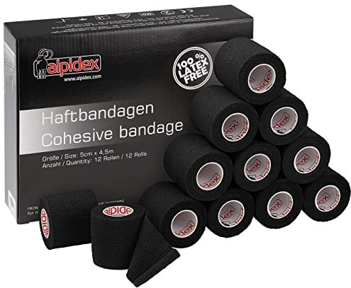 ALPIDEX 12 Rotoli Benda Adesiva 5 cm x 4,5 m Molti Colori Bendaggio Coesivo Fasciatura Personi Animali Garza Elastica Autoadesivo Cavalli Cani Umani, Colore:nero