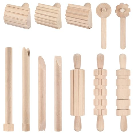Tofficu 12Pcs DIY Plasticine Molding Set Wooden Accessories with Textured Rollers for Kids Creative Craft Projects