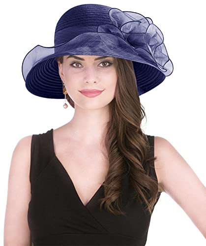 TLMNU Organza-Fascinator-Hut für Damen, breite Krempe, Kirche, Braut, Teeparty, Hochzeit, 05 dunkelblau, Einheitsgröße