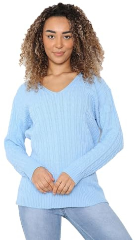 STAR FASHION Ladies Long Sleeve All Over Cable Soft Knitted Jumper Womens V Neck Winter Wear Jumper Sweater Casual Top UK Size 8 to 26