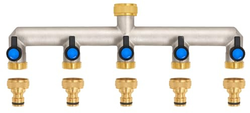 5-Wege Wasserhahn Wasserverteiler aus Messing für 5 Geräte/Gartenschläuche, 5er Verteiler 3/4 Adapter 1/2 mit Kugelhahn zum Einstellen und Absperren des Wasserflusses