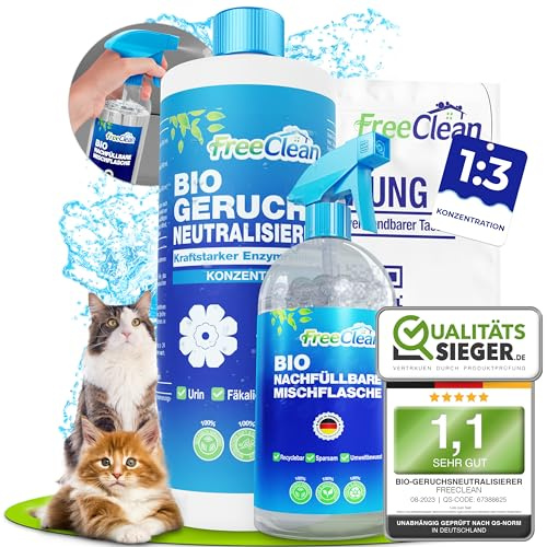 FreeClean® Bio Geruchsneutralisierer Konzentrat 1000ml inkl. Mischflasche | [EXTRA STARK OHNE CHEMIE] Enzymreiniger Katzenurin Hundeurin - Hochkonzentrierter Geruchsentferner als Textilerfrischer