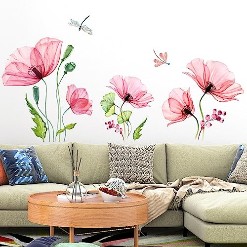 Timelesslong Wandtattoo Wanddeko Wohnzimmer Blumen Rosa Lotus Libelle Wandsticker Pflanzen Deko Tapete Groß Rose Wandaufkleber Blume Wandbilder für Schlafzimmer Flur Büro Fensterbilder Deko