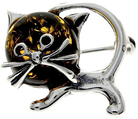 Spilla a forma di gatto in argento Sterling 925 e vera ambra baltica 4174, Argento sterling, Ambra
