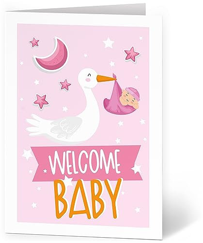XXL Glückwunschkarte (A4) zur Geburt Mädchen Rosa Storch 2 - hochwertige Klappkarte | Große Karte Grußkarte Glückwunsch mit Umschlag Baby Eltern