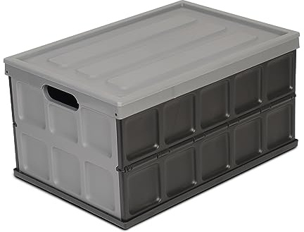 Glad Collapsible Storage Bin with Lid - 48L Foldable Plastic Box for Garage, Car Trunk, and Organization - Stackable Lidded Container with Handles, Grey