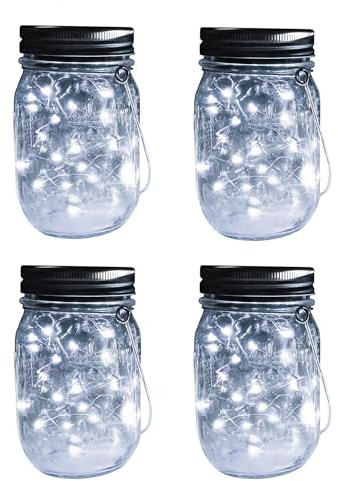 YZOTEK Solar Mason Jar Lights - 4 Pack 30 LED Fairy Firefly String Lights Hanging Starry Lantern Sets, Outdoor Waterproof Patio Porch Garden Yard Balcony Lawn Handmade Wall Lighting Decor