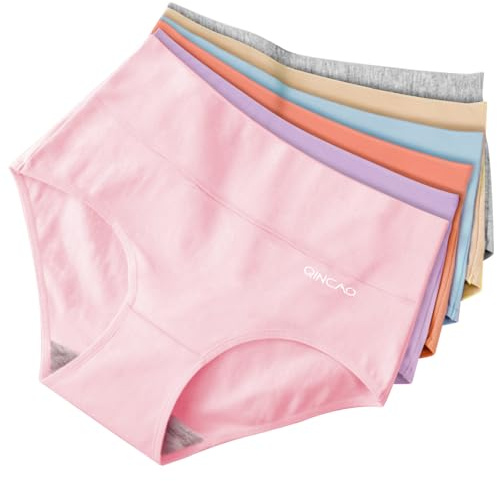 QINCAO Bragas Mujer Algodon Talle Alto Pack de 6, Transpirables y Suaves