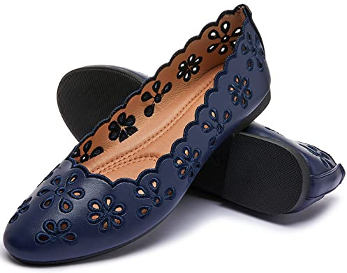 FRACORA Women's Ballet Flats Black PU Leather Dress Shoes Comfortable Round Toe Slip on Flats with Breathable Eyelets, Navy, 7.5 UK