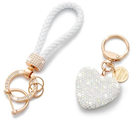 CHUQING Schlüsselanhänger Geschenk Herzform Glitzernder Autoschlüsselanhänger für Frauen Ringriemen mit Anhängern,Autoschlüssel-Dekoration,Weiß
