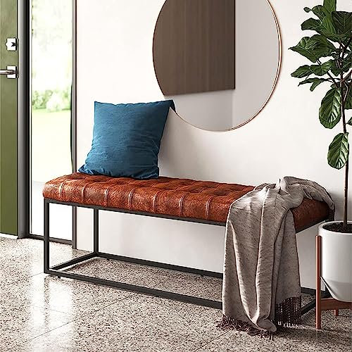 ASHILD Metall-Eingangsbank, Kunstleder-Schuhbank, gepolsterte Bettbank, Rusitc-Bank, Multifunktions-Schlafzimmerbank, Esszimmerbank, Braun, 60 x 35 x 43 cm (24 x 14 x 17 Zoll)