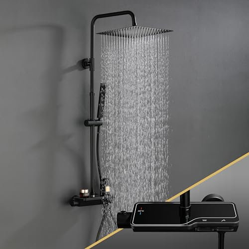 Görbach Regen Duschset mit Duscharmatur Komplettset, Edelstahl Duschsystem mit Thermostat, Überkopfbrause, Handbrause, Duschstange Matt Schwarz (2020MB)