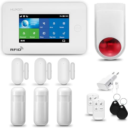 HUXGO® HXA006 Alarme Maison avec Sirène Solaire sans Fil, WiFi + GSM 4G | Kit d'alarme Maison Domestique avec 3X détecteurs de Mouvement, 3X capteurs de Portes et fenêtres | TUYA App