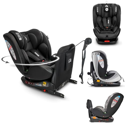 Lorelli Auto Kindersitz Ares mit Isofix, 360 Grad drehbar, (0-36 kg) Mitwachsender Autositz i-Size 40-150cm - Gruppe 0+/1/2/3, Babysitz ab Geburt, 5-Punkt-Gurt, Einstellbare Kopfstütze, schwarz