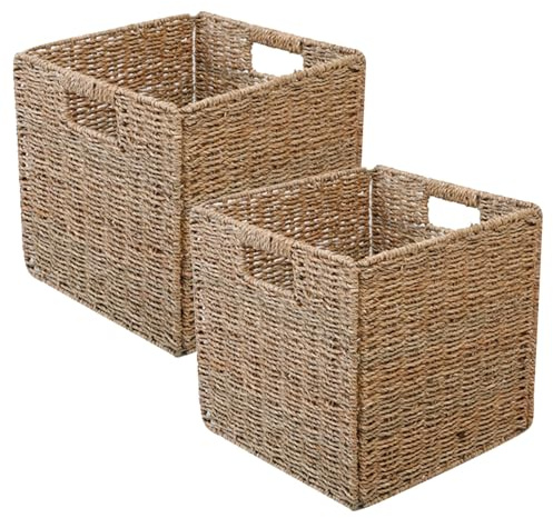 2 Stück Korb Geflochten Aufbewahrungskorb, Faltbar Kallax Aufbewahrung | Weidenkorb zur körbe, 28 x 28 x 28cm Stabiler Korb Aufbewahrung mit Tragegriffen für Regale, Speisekammer, Bäder, Wohnzimmer