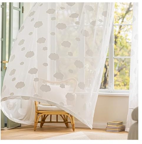 Tenda in voile trasparente con nuvole vellutate, per camera dei bambini, 2 pannelli, 140 x 175 cm, colore bianco, per camera da letto, soggiorno, balcone, ganci inclusi