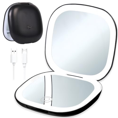 Klappbarer Reisespiegel mit 1X / 10X Vergrößerung,Led Wiederaufladbarer Tragbarer Kompaktspiegel,3 Lichtfarben,Touch Steuerung,Reise Kosmetikspiegel,Tragbarer Taschenspiegel für Reise und Makeup