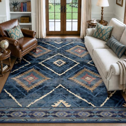 DEFYNEE Maschinenwaschbare Teppiche für Wohnzimmer, 150 x 210 cm, rutschfeste Teppiche, Teppiche für Schlafzimmer, Marokkanischer Teppich für Wohnzimmer, Flur, Schlafzimmer und Küche, Blau
