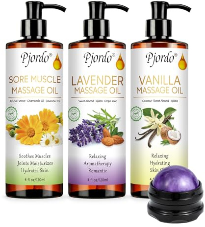 Pjordo 3 Pack Massage Oil for Massage Therapy, Vanilla Oil, Sore Muscle Arnica Oil, Lavender Massage Oil for Skin, Massage Roller Ball, Relaxing Massage Kit, Spa Gift Set for Him Her