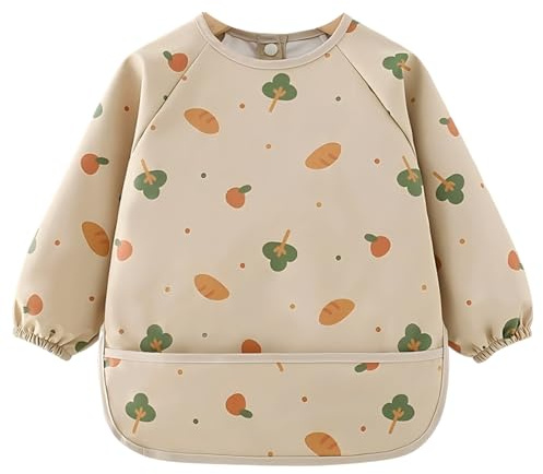 Lätzchen mit Ärmeln Baby,Wasserdicht Langarm mit Auffangschale,Weiches PU-Material für Babys 0-24 Monate, Fütterlätzchen für Sauberkeit beim Essen, Hautfreundlich und Leicht zu Reinigen (Braun)