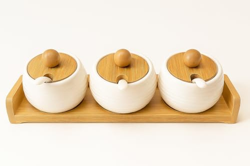JRose Collections Ceramic Spice Jar Set with Bamboo Lids & Tray - 3 White Condiment Jars with Spoons for Kitchen, Sugar, Salt, Seasonings - Modern Storage Organizer (10L x 35W x 12H cm) JR5003