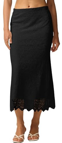 FEOYA Jupe Femme en Dentelle Élégante Coupe Bodycon Droite Jupe Longue Décontractée Elastique Taille Midi Jupes Noir XL