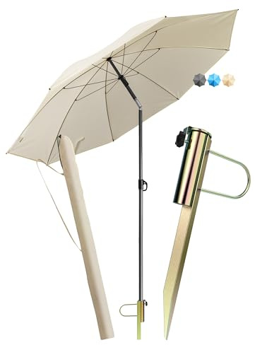 4smile Sonnenschirm Strand SunnyJoy Modern im 3er-Set, Beige - Strandschirm windfest stabil 180 cm + Rasendorn Sonnenschirmhalter + Schirmhülle - Sonnenschirm mit Rasendorn, Schirmspieß Garten