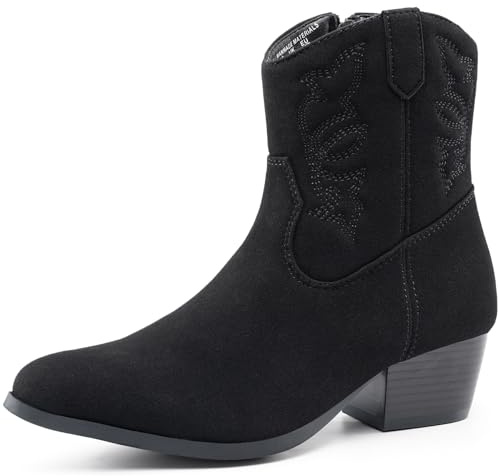 Harvest Land Women Mid Heel Faux Suede Boots – Cowboy Style Calf Length with Pointed Toe Embroidered Detail & Side Zip Black UK6