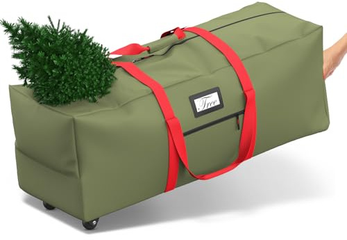 Mrrihand Christmas Tree Storage Bag, Large Artificial Anti-Tear Heavy-Duty 600D Oxford Cloth Xmax Christmas Tree Storage Box with Rolling Wheels, Christmas Tree Storage Container (Army Green&Red, 9Ft)