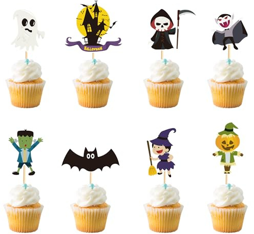 Arthsdite 24 Stück Halloween Cupcake Toppers Geist Hexe Fledermaus Cupcake Picks Halloween Boo Todesgott Horror Haus Kuchen Dekorationen