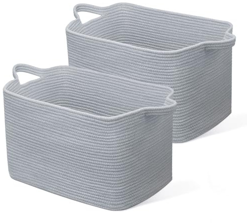 JOJOSEE Faltbarer Wäschekorb, 63L Aufbewahrungskorb Grau 2 Stück | Geflochten Aufbewahrungskorb mit Henkel, Laundry Baskets aus Baumwolle, Ideal für Decken, Kleidung, Kuscheltier, Spielzeug