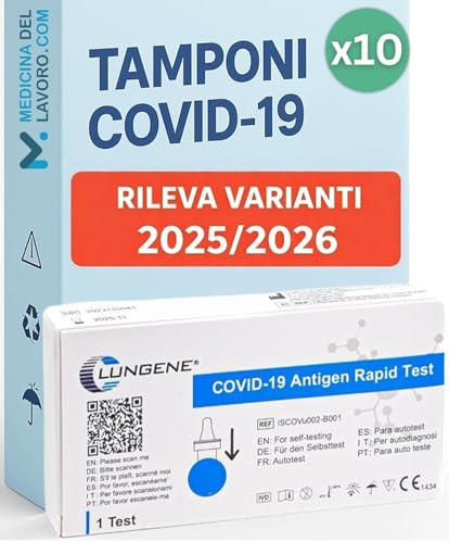 CLUNGENE – 10 x Tamponi Covid 19 Rapido 2026 Nasale, Kit Rapido per l'Antigene SARS-COV-2, Validato Nuove Varianti 2025/2026. Sensibilità 100% a carica virale alta, Singolarmente imbustati 10 TEST