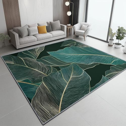 Bleu-Vert Tapis Salon 80 x 150 cm, Lavable en Machine Super Doux et Antidérapant Grand Tapis Salon - Style Art Déco Plantes Feuilles De Bananier Doux Poil Court pour Chambre Salle à Manger Cuisine