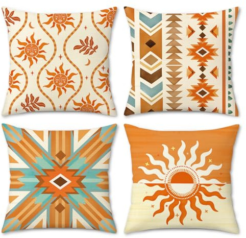 Bonhause Fundas Cojines Boho Naranja 45 x 45 cm Funda de Almohada Diseño Solar Étnico Geométrico Cojines Decoración para Sofá Cama Silla Patio Jardín Hogar Juego de 4