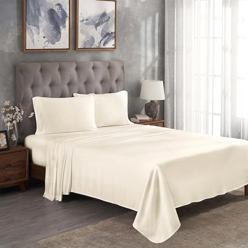 SUPERIOR Modal from Beechwood 300 Thread Bed Sheet Set, 1 Elastic Deep Pocket Fitted Sheet, 1 Flat Sheet, 2 Pillowcases, Soft Cool Sheets, Sateen Weave, Bedding Essentials, Queen, Ivory