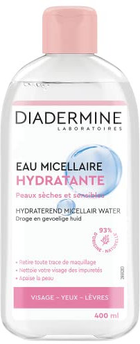Diadermine - Eau Micellaire Nettoyante Hydratante - Peaux Sèches et Sensibles - Retire le maquillage - Apaise la Peau - Nettoyant Visage - 93% d'ingrédients d'origine naturelle - Flacon de 400 ml