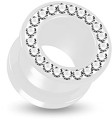Weißer UV Acryl Double Flared Tunnel mit Klaren Kristall Steinen Glitzer Ohr Piercing Weiß Fleischtunnel Verschiedene Größen Plug Tunnel Ohrring Männer Frauen