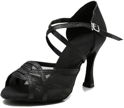 MGM-Joymod kvinnors komfort nät glitter öppen tå salsa tango ballroom latin moderna dansskor bröllopsfest sandaler, Svart glitter 9 cm klack, 39 EU