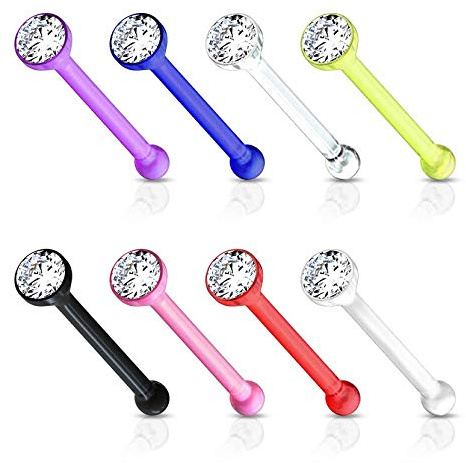 ile aux piercings LOT 8 Piercing Nez pétant Speciale Bio Flexible Bijou Stud Narine Strass Transparent Blanc Droit