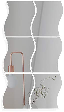 VINFUTUR 6 Stück Spiegel, selbstklebend, silberfarben, Wellenform, DIY, Spiegel, Stil für Dekoration, Büro, Haus, Schlafzimmer – 14 x 19 cm