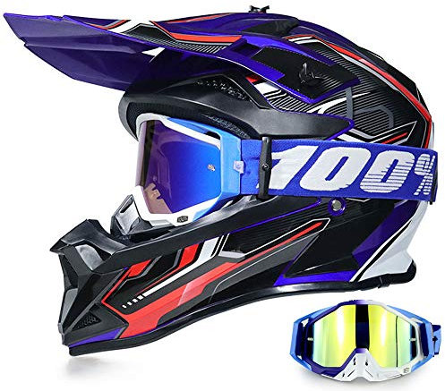 YASE Motorradhelm Crosshelm mit Brille, Motocross Helm/Enduro Downhill Helm, Offroad Motorradbrille Herren/Damen Full Face MTB Helm für Moped/ATV/Mountain Bike (Schwarz/Blau/Rot,L (56-57CM))