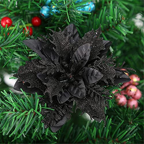 SWECOMZE 12 Stück Glitter Weihnachtsbaumschmuck Weihnachten Blumen Ornament Weihnachten Dekor, Christbaumanhänger 14cm (Schwarz)