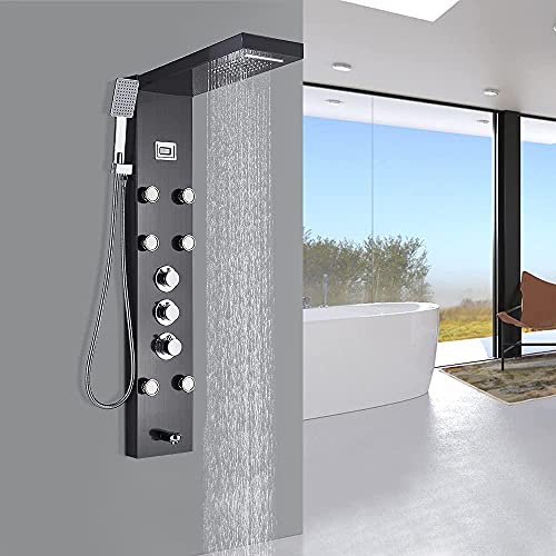 Linyuan Cascade thermostatique Panneau de douche à pluie Colonne de douche Colonne de douche Jets de massage corporel Douchette à main Bec de baignoire Panneau de douche mural-Le noir