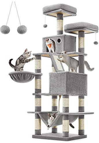 Feandrea Kratzbaum groß, 168 cm hoch, L Katzenbaum, mit 13 Kratzsäulen, 2 Plattformen, 2 Höhlen, Korb, Hängematte, Plüschbälle, mehrstöckiger Katzenkratzbaum, hellgrau PCT165W01