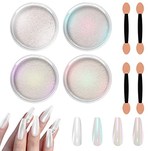 Allstarry Chrome Nail Powder, 4 Farben Weiß Perle Pigment Für Nägel Iridescent Aurora Cromepulver Nägel Nails Metallischer Spiegel Effekt Glitzerpuder für Nail Charms Nail Art Nageldesign - Eis-Serie